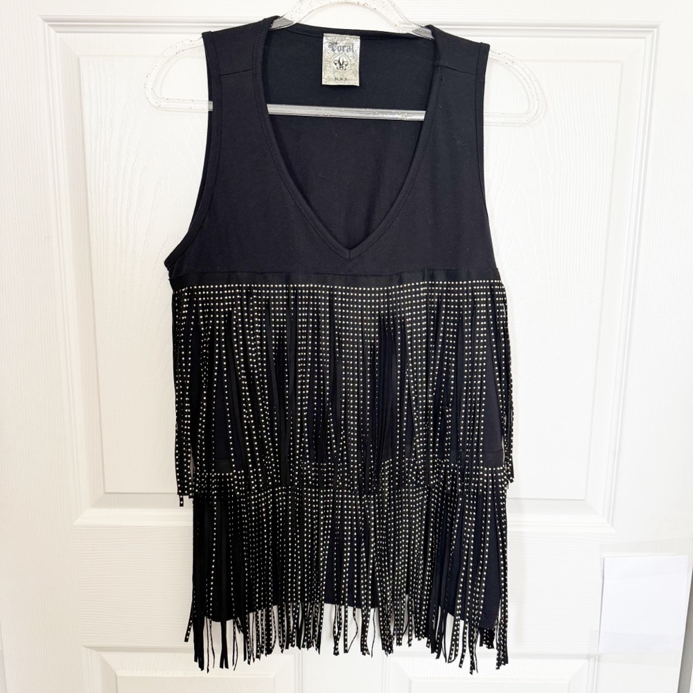 VOCAL Gold Studded Fringe Sleeveless Tiered Top LARGE - Picture 2 of 7
